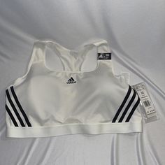 Adidas Medium Support Sports Bra 89% Polyester 11% Spandex Excluding Mesh 3x Nwt T2159 Fitted White Activewear With Built-in Padding, White Sports Bra With Built-in Padding, Fitted White Activewear For Gym, White Fitted Activewear For Gym, White Activewear With Built-in Padding For Gym, Athletic Fit Three-stripe Activewear For Sports Events, White Sports Bra With Built-in Padding For Workout, White Stretch Activewear, White Fitted Sports Bra With Medium Support