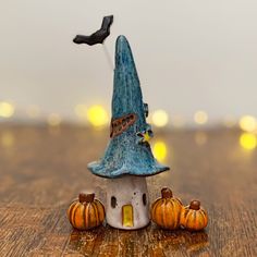 there is a small house with a blue hat on it and pumpkins around it