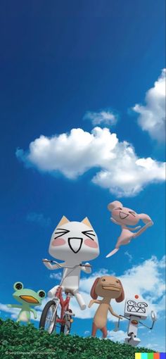 an animated cat riding a bike in the sky with other cats and animals around it