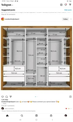 an image of a closet with measurements for the drawers and shelves in front of it