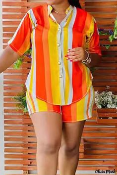 Olivia Mark - Vibrant Color Block Patchwork Buckle Turndown Collar Plus Size Two-Piece Set African Dresses For Women Casual, Casual Striped Shirt, Two Piece Outfits Shorts, African American Fashion, Dashiki Shirt, 2piece Outfits, Female Tops, African Dashiki, Set Outfits