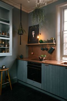 a kitchen with an oven, sink and potted plant hanging from the ceiling above it