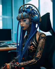 a woman with blue dreadlocks sitting in an office