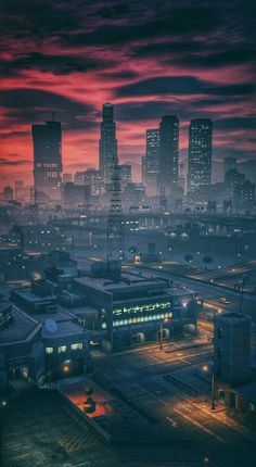 the city is lit up at night with red and purple clouds in the sky above