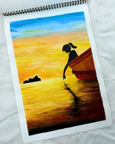 a drawing of a girl standing in the water next to a small boat at sunset