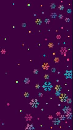 snowflakes are falling down on a purple background with multicolored circles and dots