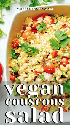 vegan couscous salad in a casserole dish