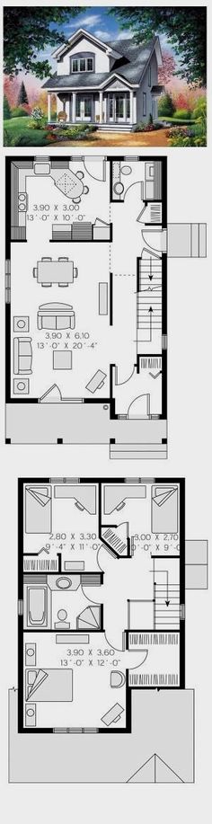 two story house plans with lofts and living room in the middle, one bedroom on each