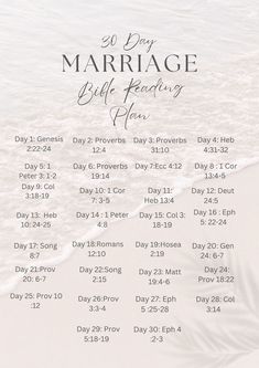 the 30 day marriage bible reading plan is shown on a white background with water and sand