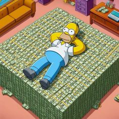 the simpsons laying on top of a pile of money in a room with couches and tables