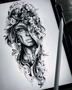 a pencil drawing of a woman's face with flowers and leaves on her head