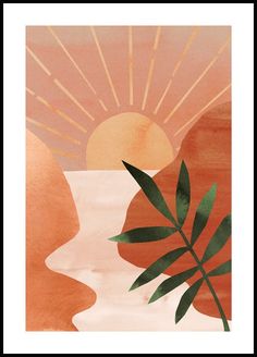 an orange and white painting with palm leaves in front of the sun setting over mountains