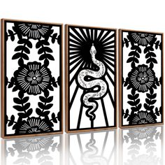 three black and white artwork pieces with an image of a snake in the center, surrounded by flowers