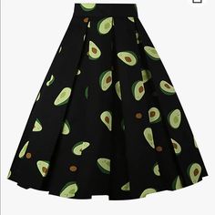 Nwot Vintage Avocado Pleated A-Line Skirt. Fun, Eye Catching Avocado Print. Front Pockets Midi Length Zipper Closure High Rise Comfortable Cotton Material Never Worn Length Approximately 23.5" Waist Approximately 14" Retro Black A-line Skirt, Black A-line Retro Skirt, Black Retro A-line Skirt, Retro Black Flared Skirt, Retro Black Skirt For Spring, Retro Black Lined Skirt, Vintage High Waist Black Skirt, Retro Black Pleated Skirt, Black Vintage Skirt For Summer