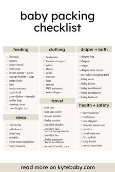 the baby packing checklist is shown with text