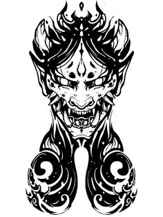 an ink drawing of a demon with large eyes and horns on his head, in black and white