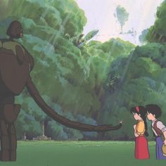 two children look at a giant creature in the rain while another child watches from behind