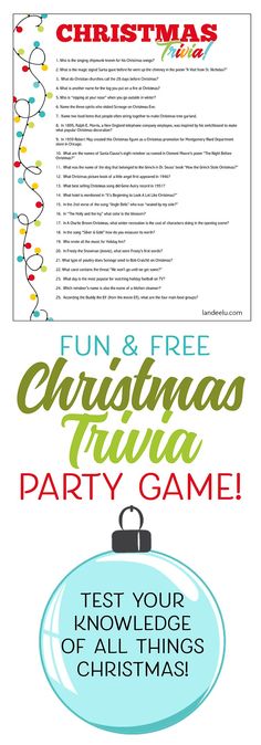 christmas trivia party game with the text fun and free christmas trivia party game