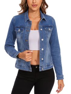 PRICES MAY VARY. ✔✔✔This jacket is made of stretch denim to accommodate womanly curves,with a slightly tapered waist and well-placed seams that enhance the overall fit. It hugs the body in all the right places, creating a sleek and polished look. ✔✔✔The pockets are generously sized - 8" x 4" quilting ruler sitting inside the interior pocket. The exterior hand pockets are large enough to hold a cellphone, and the two buttoned breast pockets provide additional space for credit cards or other small Jean Jackets For Women, Denim Jacket Long, Stretch Denim Fabric, Blue Jean Jacket, Small Objects, Jacket Long, Basic Long Sleeve, T Shirt And Jeans, Denim Jean Jacket