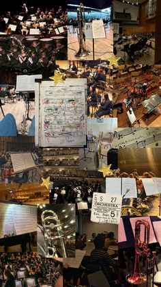 a collage of various musical instruments and music sheet music is being played on the stage