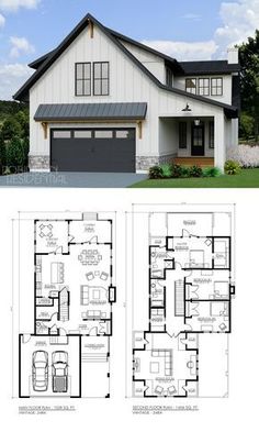 two story house plans with garage and living room in the front, one bedroom on the second