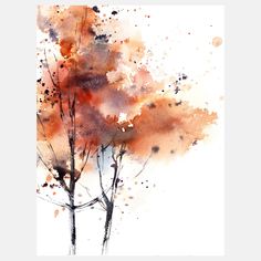 a watercolor painting of a tree with orange leaves