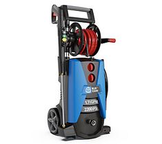 an electric pressure washer with hoses attached to the front and back wheels, on a white background