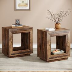 two wooden end tables sitting next to each other on top of a carpeted floor