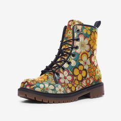 Extremely comfortable custom lightweight leather boots with my retro floral design. These are an awesome gift for anyone nostalgic about the 60s and 70s! .:Rubber sole .:Padded collar for added comfort .:Lace-up front .:Wide Fit .:Faux Leather .:Sizes 3-12 US Mens & 4.5 - 14 US Womens I Can Ship Worldwide! ** Please allow 1-3 weeks for delivery  Note that sizes listed are in US Men & Women's sizes (see pictures for size chart & conversion chart for EU and UK sizes). Best way to determine proper Retro Lace-up Spring Boots, Grunge 2000s Aesthetic, 2000s Aesthetic Pictures, Hippie Gifts, Retro Boots, Hippie Boots, Forest Nymph, Core Outfits, Fairy Vintage