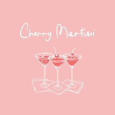 two martinis with cherries on top and the words cherry martini written in white