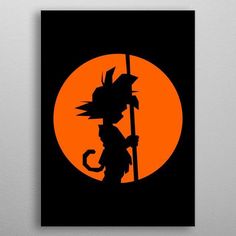 a black and orange poster with the silhouette of a person holding a pole in front of an orange sun