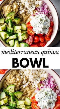 two bowls filled with different types of food and the words mediterraneann quinoa bowl