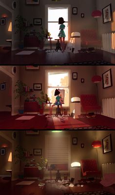 two pictures of the same room with one person standing in it and another sitting on the floor