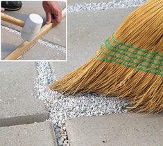 a broom laying on the ground next to a sidewalk