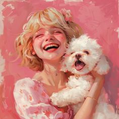 a painting of a woman holding a white dog in her arms and smiling at the camera