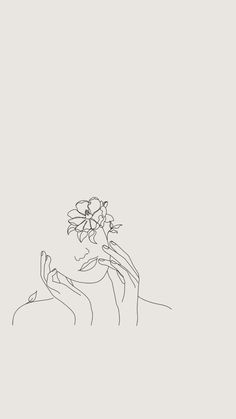 a line drawing of a woman's face holding a flower in one hand with her other hand