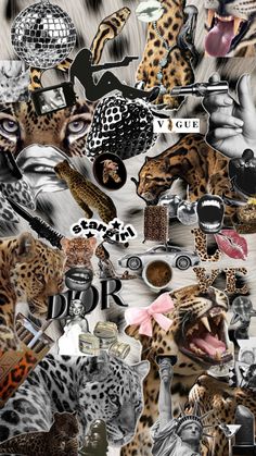 a collage of photos with different types of animals and objects in the middle one is black and white