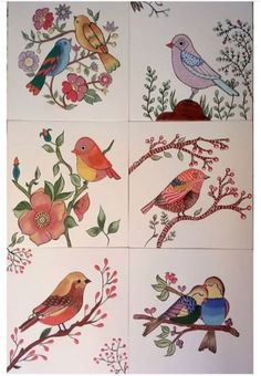 four cards with birds and flowers on them