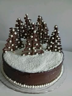 a cake decorated with chocolate trees and white frosting