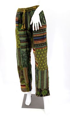 Bohemian Patchwork Harem Pants, Cotton Patchwork Pants Full Length, Green Wide-leg Patchwork Pants, Green Patchwork Harem Pants For Festival, Green Bohemian Cotton Bottoms, Bohemian Patchwork Pants For Festivals, Bohemian Festival Pants With Patchwork, Bohemian Patchwork Festival Pants, Bohemian Green Patchwork Bottoms