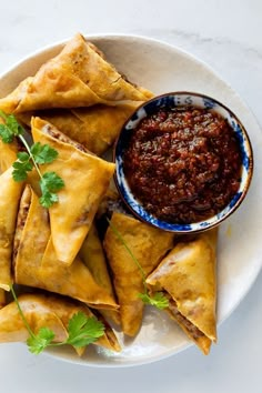 some food is on a white plate with a small bowl of sauce and cilantro