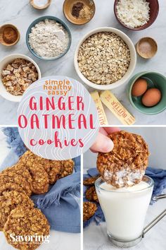 ginger oatmeal cookies in bowls and on the counter with ingredients to make them