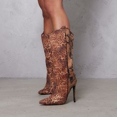 Handcrafted US sizing. Fits true to size. Heel Height: 4.53" / 115 mm approx Product measurements were taken using size 8. Please note that measurements may vary by size. Red Carpet Party, Knee High Boots Flat, Work Formal, Leopard Shoes, Zipper Boots, Brown Leopard, Day Wedding, Wedding Night, Pump Sandals