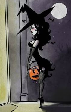 a woman dressed as a witch holding a pumpkin in her hand and standing next to a doorway