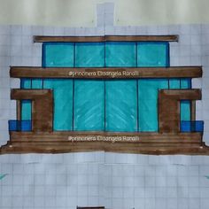 an architectural drawing of a building with blue glass and wooden windows, in front of a white tiled wall