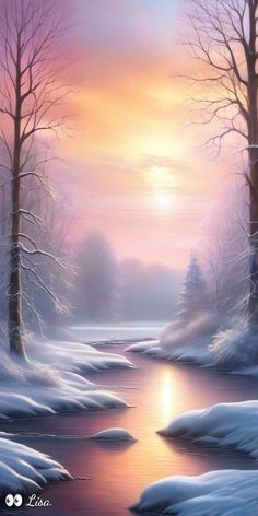 a painting of a snowy river with trees in the foreground and sun setting behind it