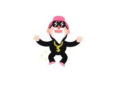 a cartoon character wearing sunglasses and a pink hat, with his hands in the air