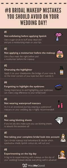 an info sheet with the words 8 bridal makeup mistakes you should avoid on your wedding day