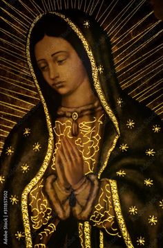 the virgin mary with her hands folded in gold sparkles, and surrounded by stars