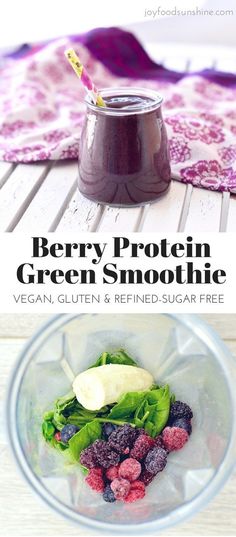 berry protein green smoothie in a glass bowl